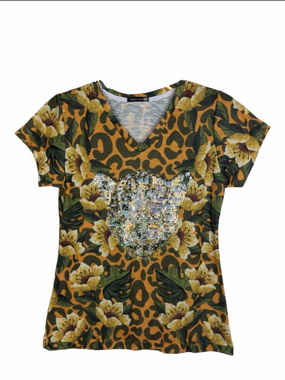 Trilha D’Agua Women’s NWOT V-Neck Leopard & Floral Print Short Sleeve Top Medium